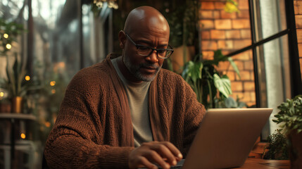 Obraz premium African man with shaved head and glasses types on laptop, cozy cardigan and wooden walls create a relaxed workspace
