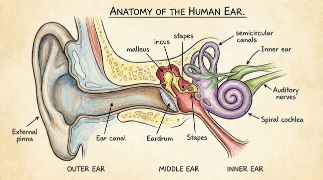 Detailed anatomical illustration of the human ear's outer, middle, and inner structures