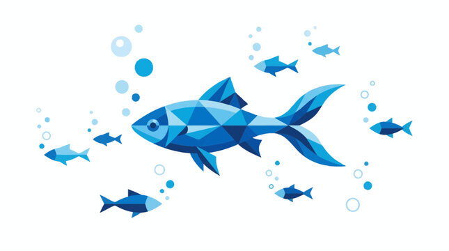Geometric Blue Fish School Swimming Underwater with Bubbles, Abstract Digital Art