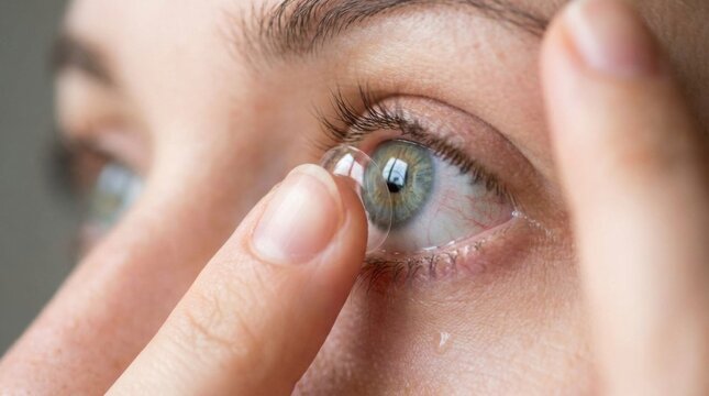 Close-up of a person applying a soft contact lens to their blue-green eye