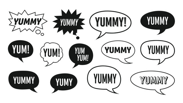 Fun collection of comic-style speech bubbles containing the words yummy and yum in various fonts and graphic styles.