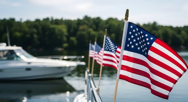 American flags on a boat railing with a blurred yacht in the background