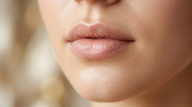 Close-up of a woman's natural, healthy lips with subtle shine and soft skin texture