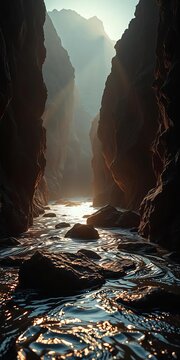 Ethereal glow bleeds across ink-black water, revealing sculpted rocks in stark, theatrical contrast ,  artistic,  dutch angle