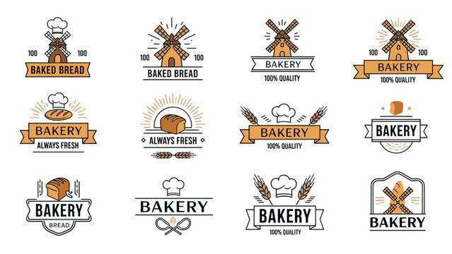 Set of twelve diverse bakery logos and labels featuring windmills, bread, wheat, and professional chef hats.