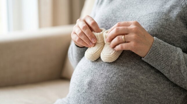 Pregnant woman holding tiny knitted baby booties on her belly, anticipation of new life