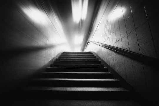 Dark, atmospheric staircase ascends toward bright, blurred lights in a subway tunnel