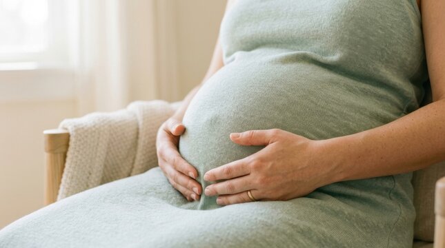 Pregnant woman cradling her belly with gentle hands, anticipating new life