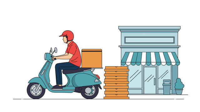 Pizza delivery person on a blue scooter arrives at a store with a stack of pizza boxes ready for delivery.