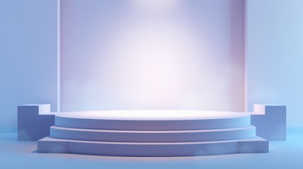 Obraz premium Empty stage illuminated. Soft blue hues dominate scene. Minimalist design creates focus on central platform. Presentation space.