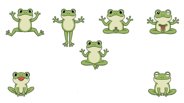 Set of cute green frog characters performing various yoga and stretching exercises to promote fitness and wellness in a fun way.
