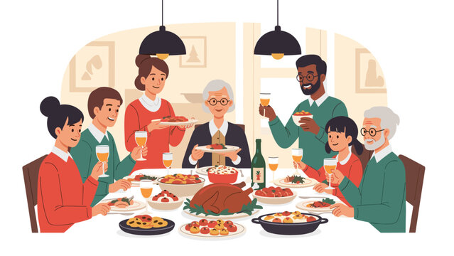 Multi-generational family gathering for a festive holiday dinner with a roasted turkey and wine in a warm and cozy home dining room.