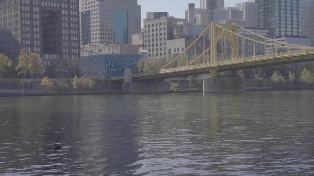 Pittsburgh City Skyline and Roberto Clemente Bridge Over Allegheny River