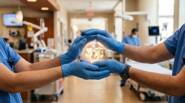 Healthcare professionals protect glowing symbols of life and health in hospital hallway