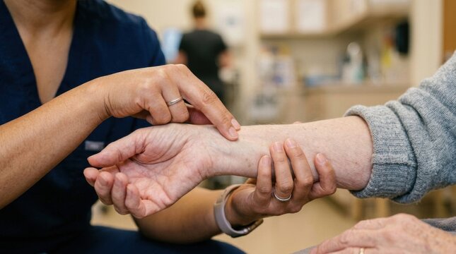 Healthcare professional checks patient's pulse on wrist in a medical setting