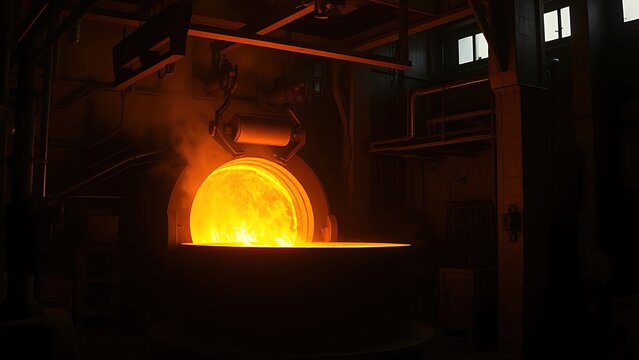 crucible. Industrial scene inside a foundry with molten metal glowing in a crucible. safety posters, maintenance manuals, designed for precision metalworking and fabrication facilities.