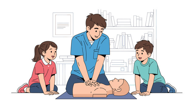 Certified instructor demonstrates life-saving cpr techniques to children using a medical training mannequin in a quiet library setting.