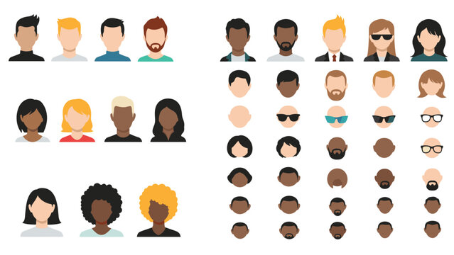 Diverse collection of colorful human avatars showing various skin colors, hairstyles, and facial features for profile and user icons.