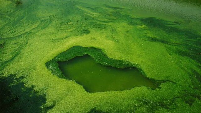 Algae Bloom: An aerial view captures a vibrant expanse of emerald green algae blooming on the water's surface, a stark reminder of environmental changes. 