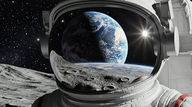 Astronaut in space exploring moon surface with earth reflection in helmet, 4k animation space exploration
