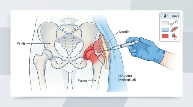 Illustration of a medical injection being administered to the hip joint
