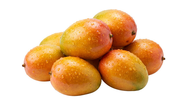 Vibrant pile of freshly picked ripe tropical mangoes, glistening with refreshing water droplets, isolated on a clean white background, showcasing their juicy and sweet appeal