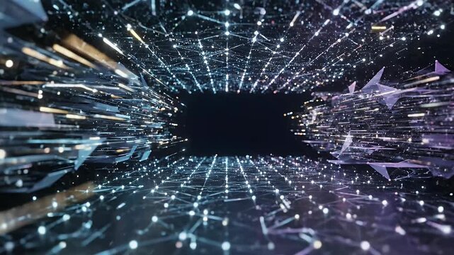 A mesmerizing digital tunnel showcases a complex network of interconnected lines and glowing nodes, creating a futuristic and abstract visual experience.