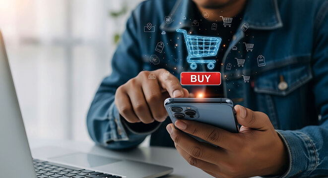 Man using smartphone for online shopping with digital shopping cart icon and buy button