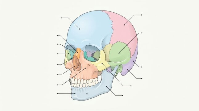 Detailed illustration of the human skull with different bones color-coded and labeled