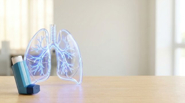 Asthma inhaler and glowing lung model on wooden table representing respiratory health