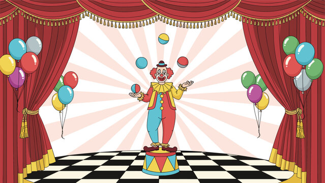 Colorful illustration of a happy circus clown juggling balls on stage in front of red curtains and balloons.