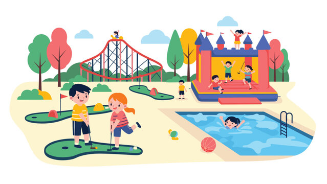 Children having fun at a large outdoor playground featuring a mini golf course a bouncy castle and a swimming pool.