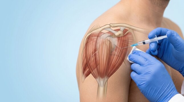 Doctor administering injection into shoulder muscles with anatomical illustration