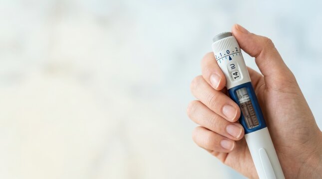 Hand holding an insulin pen with dose set to 14 IU for diabetes management