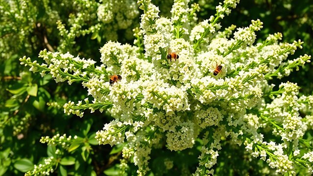 privet. Dense privet shrub blooming with tiny white flowers, bees collecting nectar. gardening catalogs, home-decor guides, designed for gardening and botanical catalogs, enhances decor appeal.