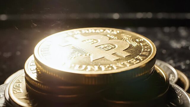 A stack of metallic coins sits dramatically illuminated against a dark, reflective surface, suggesting wealth and financial concepts.