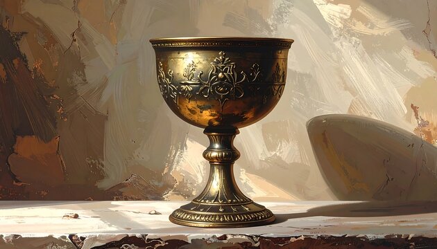 Ornate golden goblet on a surface, with abstract background