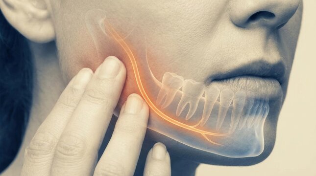 Close-up of a person touching their jaw with a glowing nerve pathway highlighted