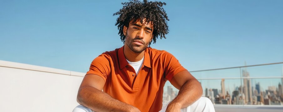 Male model in orange polo and white pants posing confidently on a rooftop with city skyline