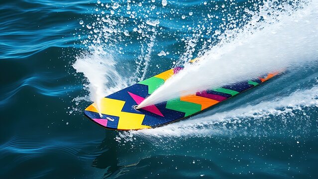 wakeboard. A wakeboard cutting through blue water, creating a white spray arc in sunlight. event key visuals, club posters, designed for fitness apps and gym onboarding, drives event promotion.