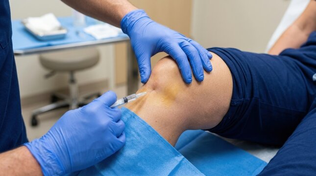 Doctor administering injection into patient's knee joint for pain relief and treatment