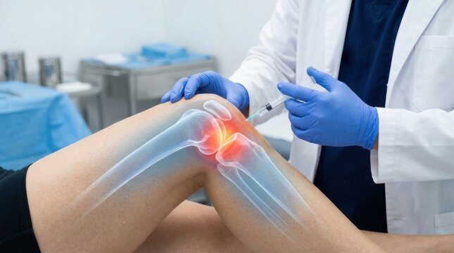 Doctor administering injection into inflamed knee joint with highlighted bones and pain