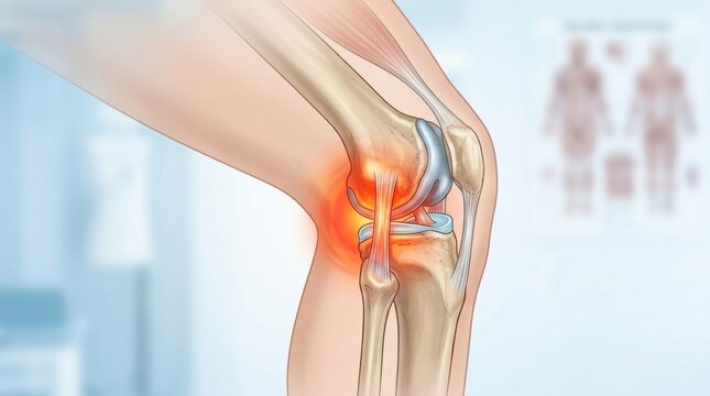 Illustration of painful knee joint with inflammation and bone structure highlighted