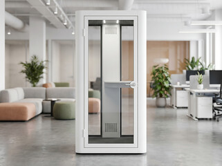 Fototapeta premium A sleek glass door pod sits in a modern office interior with furniture and plants
