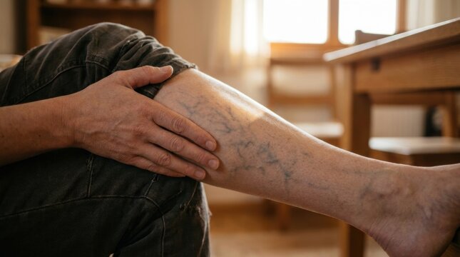 Close-up of a person's leg showing prominent spider veins and varicose veins