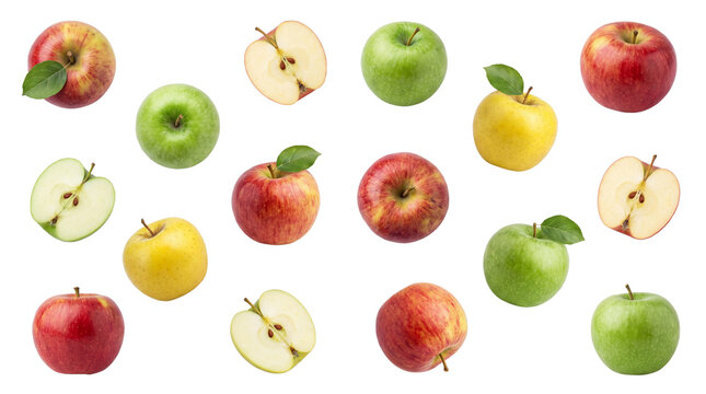 A vibrant assortment of fresh, ripe red, green, and yellow apples, some whole and some sliced, showcasing their natural beauty and delicious appeal for healthy eating and culinary inspiration