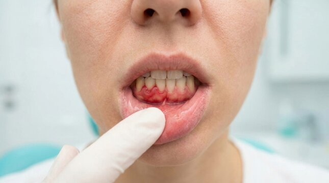 Close-up of inflamed gums with bleeding, indicating a dental health issue