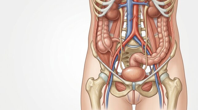 Detailed anatomical illustration of the human urinary and digestive systems