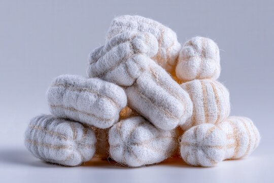 Close up of natural silk cocoons stacked on a light background, organic fiber texture with soft neutral tones and space for text or product branding.