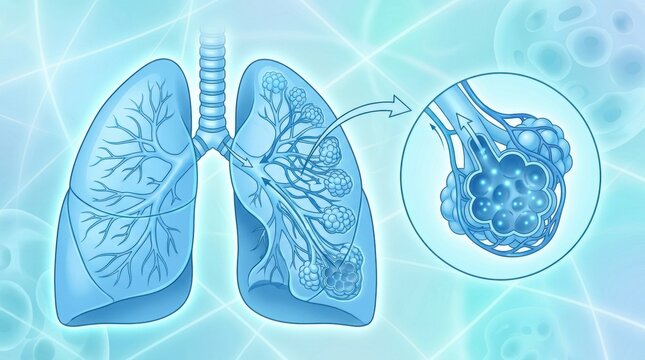 Detailed illustration of human lungs showing bronchioles and alveoli with gas exchange